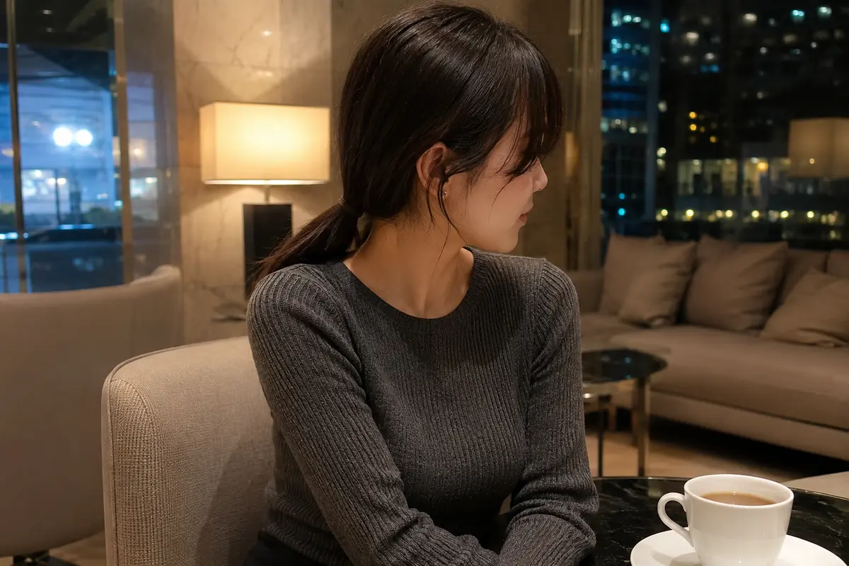 ホテルラウンジで過ごす30代女性のカドル利用者イメージ