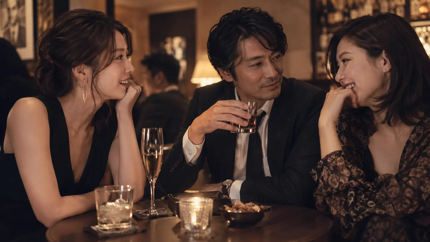 二次会のバーでグラスを持って親密に話す男女